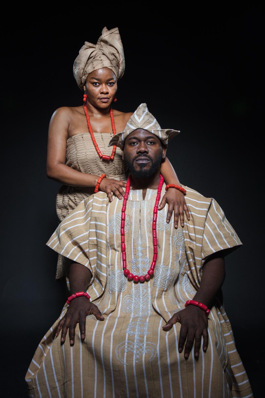 Two performers in Yoruba royal dress for Crown of Blood, a Yoruba adaptation of Macbeth